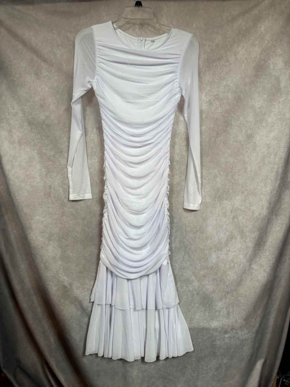 White Long-Sleeve Ruched Midi Dress with Tiered Hem